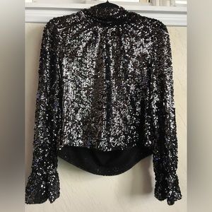 Free People Black Sequin Keyhole Back Blouse SMALL